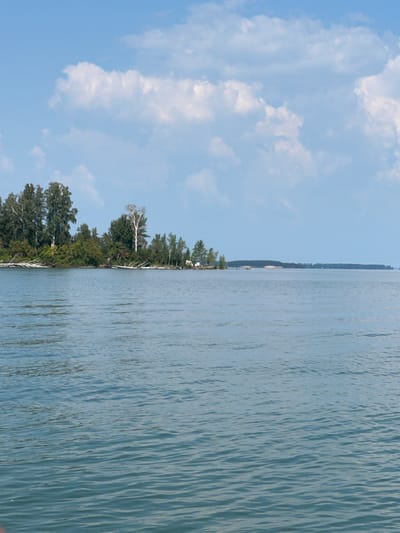 The image depicts a body of water with a shoreline featuring trees and some fallen branches. The sky is partly cloudy. The water is calm with ripples. The scene is likely a natural landscape, possibly a river, lake, or coastal area. No people or specific structures are clearly visible to identify the location in Bystrovka, Russia.