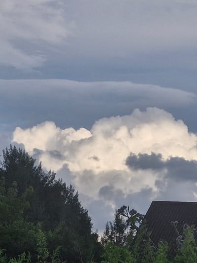 The image depicts a landscape scene with a focus on the sky and vegetation. A dark, textured roofline from a building is visible in the lower right corner. To the left of the roof, lush green trees and foliage dominate the foreground, with some taller plants and flowers emerging. The sky is filled with a dramatic display of clouds. In the mid-ground, large, bright white cumulus clouds are illuminated by sunlight, contrasting with darker, grayer clouds in the background and upper portions of the sky. The overall impression is of a cloudy, possibly overcast day. The image does not contain any people, actions, or interactions. The location is identified as Jenči, Latvia.