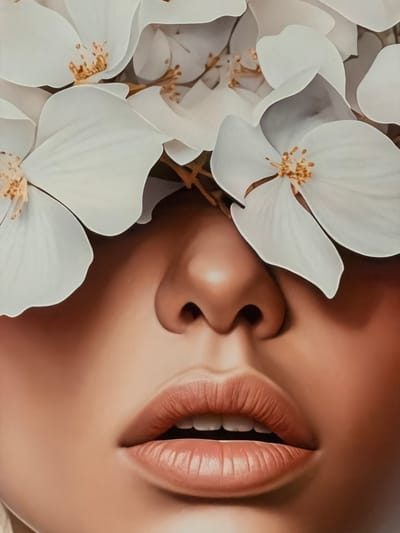 The image is a close-up, vertical, digital painting of a person's face, focusing on their mouth and nose, with large white flowers obscuring the upper part of their face, including their eyes. The flowers, possibly hydrangeas or magnolias, are depicted with soft, rounded petals and delicate yellow stamens. The skin tone is a warm, smooth tan, and the lips are full and glossy, slightly parted to reveal a glimpse of white teeth. Subtle shadows and highlights suggest a soft light source. The background is a gradient of warm browns. There is no discernible connection to the city of Spinea, Italy, as the image depicts a stylized portrait rather than a specific location.