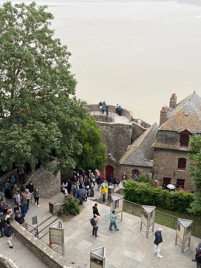 This image captures an elevated view of a crowd of tourists exploring the historic Mont-Saint-Michel abbey in Le Mont-Saint-Michel, France. The scene depicts a busy cobblestone pathway with several individuals walking and gathered in groups. The architecture of the abbey is prominent, featuring stone buildings with distinctive tiled roofs, some adorned with moss. Lush green trees and foliage provide a natural element within the stone structures. In the background, the vast expanse of the bay, characteristic of the Mont-Saint-Michel area, is visible under an overcast sky. Several information stands with pictures are placed along the pathway. The overall impression is one of a well-attended tourist site with a blend of historical architecture and natural surroundings.