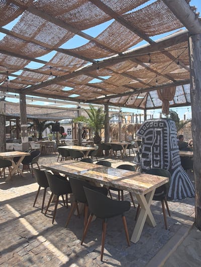 This media file captures an outdoor seating area at a restaurant or cafe, likely during the daytime given the strong shadows cast by the sun. The setting appears to be a tropical or Mediterranean-inspired establishment, with a thatched roof structure providing shade. Several tables and chairs are arranged on a stone-paved floor.
The subjects in the image are primarily objects associated with dining and decor. There are multiple tables, some with a textured, possibly stone or marble, surface. Various chairs, mostly dark-colored with wooden legs, are positioned around the tables. A large, decorative item with a geometric, black and white pattern is prominently displayed, possibly a large cushion or a fabric sculpture. Some palm trees are visible in the background, further suggesting a warm climate. String lights are strung across the overhead structure, hinting at the possibility of evening use.
The activity taking place is implied to be dining or relaxation, as indicated by the presence of tables and chairs in a restaurant-like setting. There are no people clearly visible in the foreground, but a few figures can be discerned in the background, suggesting the establishment is open or being prepared for patrons.
Notable details include the rustic construction of the overhead shade, made of wooden beams and woven material, possibly burlap or similar natural fiber. The sunlight creates a dappled effect on the stone floor. The overall atmosphere appears relaxed and inviting. There is no visible text in the image. The location context provided (Shkorpilovtsi, Bulgaria) suggests this might be a beachfront or coastal restaurant, given the typical association of Shkorpilovtsi with seaside resorts.