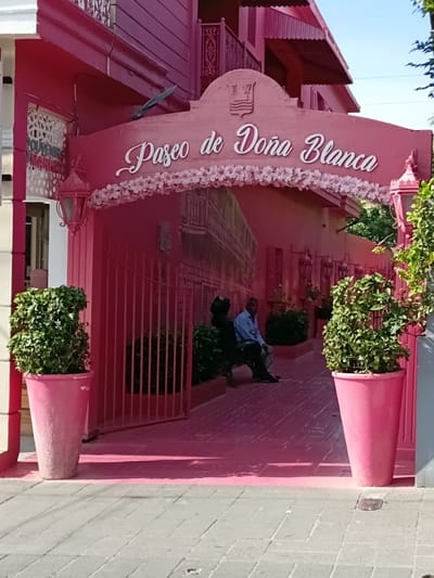 The image captures a street-level view of the exterior of a building in Puerto Plata, Dominican Republic, prominently painted in various shades of pink. The building features an arched entrance with "Paseo de Doña Blanca" written in white script across the top. A decorative floral garland is affixed below the lettering. To the left of the entrance, a sign reads "SOUVENIRS MARKET". Two large pink planters, each containing a bushy green plant, flank the entrance. A pink metal gate is partially open to the left. Inside the archway, two individuals are seated on a bench. The person on the left appears to be a dark-skinned statue, while the person on the right is an adult male wearing a light blue collared shirt and dark pants. The ground within the walkway is paved with pink bricks, and the walls are adorned with decorative sconces. Sunlight casts shadows across the scene, indicating it is daytime. The overall environment suggests a commercial or tourist-oriented establishment.