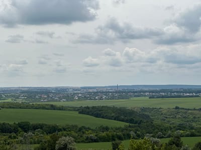 The image is a landscape view of Kolubaivtsi, Ukraine, on a cloudy day. The foreground features a dense treeline with varying shades of green foliage. Behind this, a large, vibrant green field stretches across the midground, with faint power lines visible. Further back, a cluster of residential houses with red and gray roofs dot the landscape, interspersed with more trees and smaller fields. In the distance, a more densely populated urban area is visible, characterized by rows of buildings, some appearing to be multi-story structures. A tall, narrow smokestack or industrial tower stands out on the horizon. The sky is overcast with a mix of light and dark gray clouds, creating a diffused light across the scene.