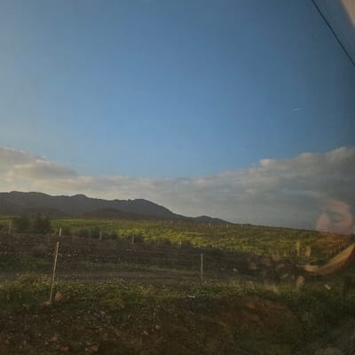 The image depicts a rural landscape near Ouahat Sidi Brahim, Morocco, viewed through a reflective surface, likely a window. The scene is dominated by a clear blue sky across the upper half, transitioning to scattered white and grey clouds along the horizon on the left and right. A faint white aircraft contrail is visible in the upper right quadrant of the sky.
In the mid-ground, a range of dark, undulating hills or mountains stretches horizontally. Below these, a large agricultural field occupies the central portion of the image, characterized by rows of green vegetation and exposed dark soil. Numerous thin, light-colored posts, consistent with a fence or crop support system, are regularly spaced throughout this field, extending towards the distant hills.
The foreground consists of disturbed, dark brown soil with sparse green foliage and small white florets. Several similar light-colored posts are present in the immediate foreground, forming a demarcation line.
A prominent reflection is evident on the viewing surface in the upper right quadrant, revealing a partial human face, specifically a section of an eye and forehead. Below this, a reflection of a curved red object is also visible. No individuals or specific actions are depicted within the landscape itself.