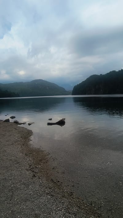 This is a photograph of a lake at dusk, likely in the vicinity of Schwangau, Germany, given the presence of mountainous terrain often associated with the Bavarian Alps. The scene is dominated by a large body of water, which occupies the majority of the frame. The water's surface is calm, reflecting the overcast sky and the dark silhouettes of the surrounding hills. The sky itself is filled with heavy, grey clouds, suggesting an impending storm or recent rain.
On the left side of the image, a narrow strip of shoreline is visible. This shore is composed of small grey pebbles and sand, with a few scattered rocks protruding from the water near the edge. Further out in the lake, a piece of dark, weathered wood, possibly a log or a branch, floats partially submerged, breaking the otherwise unbroken surface of the water.
The background is comprised of rolling hills covered in dense, dark green foliage. These hills recede into the distance, forming a natural amphitheater around the lake. The overall mood of the image is somber and tranquil, with the muted colors and diffused light contributing to a sense of quietude. No people or animals are visible in the photograph, and there are no indications of any activity. The photograph is taken from a low vantage point, at the edge of the water, looking out across the lake towards the hills.
