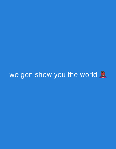 The image features a solid blue background. White text, horizontally centered, reads "we gon show you the world". To the immediate right of the text, a dark-skinned male superhero emoji is present, depicted wearing a red and purple costume with a mask. The image contains no visual elements depicting or indicating the location of Kato Agios Markos, Greece.