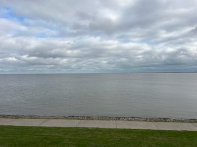 The image depicts a wide, calm body of water under a cloudy sky. In the foreground, there is a strip of green grass, followed by a paved walkway. Beyond the walkway is a sea wall made of grey stones. The water extends to the horizon, where a faint line of land and a small structure, possibly a lighthouse, can be seen. The overall impression is one of a serene, coastal landscape. This view is consistent with the Jade Bight in Wilhelmshaven, Germany, a large bay known for its calm waters and coastal paths. There are no people or animals visible in the image.