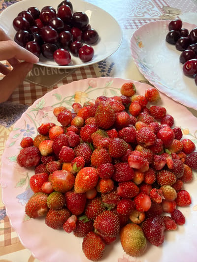 The image captures a close-up view of a collection of fresh fruits, primarily strawberries and cherries, arranged on decorative pink and white plates. The strawberries are piled high on a pink, floral-patterned plate, with their vibrant red color and visible seeds. Some of the strawberries show signs of ripeness, with hints of green at their tips, while others are a deep red. The cherries, a rich, dark red, are neatly arranged in a white bowl. A human hand, with fingers slightly visible, is reaching towards the cherries. The background features a checkered tablecloth, adding a rustic touch to the scene. The overall impression is one of abundance and freshness, suggesting a gathering or preparation of fruit for consumption. The lighting suggests it's daytime, likely indoors. The plates have a delicate, vintage aesthetic with floral motifs. The scene appears to be set in a home environment, possibly in Staraya Sal'ya, Russia, given the location context. There is no visible text.