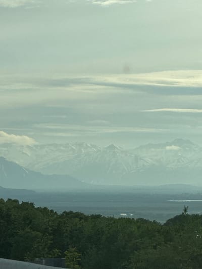 A hazy, panoramic view captures a vast landscape from an elevated position. In the foreground, a dense line of dark green trees stretches across the bottom of the frame, with the top edge of a concrete barrier visible at the very bottom. Beyond the trees, a wide, flat expanse of land is shrouded in mist, with faint outlines of buildings and a body of water visible in the distance. Towering over this plain are majestic, snow-capped mountains that recede into the hazy sky. The sky itself is a muted blue-grey, filled with soft, horizontal clouds that create layers of light and shadow across the scene. The overall impression is one of immense scale and natural beauty, with the atmospheric conditions lending a serene, almost ethereal quality to the image.