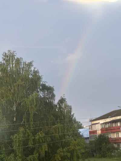 The image, taken in Mozhga, Russia, presents an outdoor scene featuring a rainbow, trees, and a building. The sky occupies the upper portion of the frame, displaying a light blue to greyish-white color with soft cloud formations. A faint, partial rainbow is visible arching gently across the upper left side of the sky, indicating recent rain and sunlight.

Lush green deciduous trees with dense foliage dominate the lower and left parts of the image. Their vibrant leaves suggest a season like summer or late spring. Several thin, light-colored vertical lines, likely power lines or cables, are visible extending downwards through the trees on the right side.

On the far right, a multi-story building is partially visible above the tree line. It features a facade with alternating reddish-brown and lighter-colored sections, and what appear to be visible window frames and some exterior structures or pipes. The lighting suggests it is daytime, possibly late afternoon or early evening. No people or visible text are present in the image. The scene captures a peaceful moment with a subtle display of natural beauty.