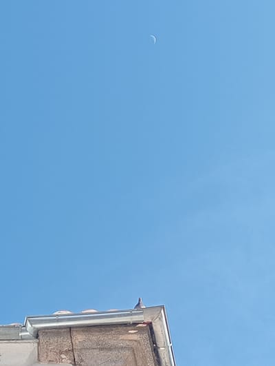A daytime scene in Piedrahíta, Spain, is depicted under a clear, bright blue sky. A distinct white crescent moon is visible in the upper-left quadrant. The lower portion of the frame shows the upper corner of a building, featuring a terracotta-tiled roof with a prominent metallic rain gutter. Below the gutter, a weathered, textured wall, likely stone or stucco, is visible. A single, dark-colored pigeon is perched atop the roof's edge at the corner, partially obscured by the roofline and gutter.