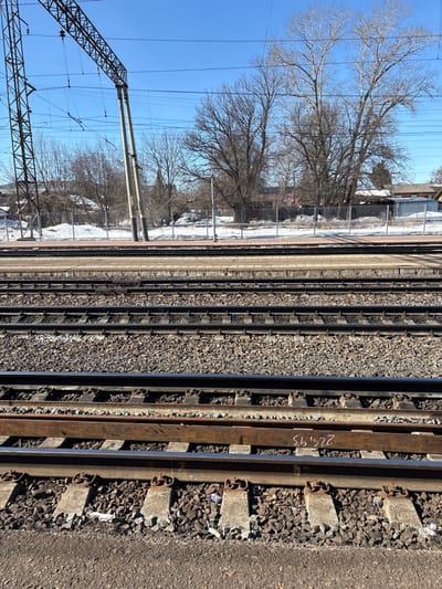 The image depicts a railway scene in Kropachyovo, Russia, under a clear blue sky. In the foreground, multiple sets of parallel railroad tracks are visible, consisting of dark metal rails, light-colored concrete sleepers, and dark gravel ballast. One track in the lower middle features a horizontally placed, rusted metal beam between its rails, marked with white text "225.93". Small pieces of light-colored litter are scattered within the ballast.
Midground elements include a raised, dark-edged railway platform, beyond which additional tracks extend. Further into the background, a strip of snow-covered ground is present, partially obscured by a chain-link fence. Numerous bare deciduous trees with visible branches dominate the background, some significantly taller than others. Through and beyond the trees, elements of residential or industrial structures are partially discernible, including rooflines and walls. Two tall, light-colored poles supporting overhead electrification structures and multiple wires rise prominently from the midground, extending upwards and to the left across the bright blue sky. No individuals or active interactions are visible.