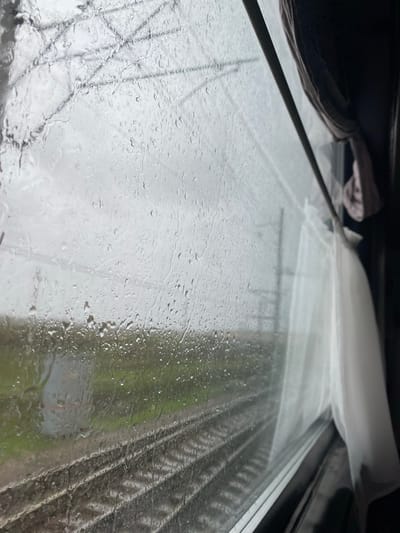 The image shows a view through a rain-covered glass surface, likely a window or windshield. The exterior view is indistinct, but suggests a cloudy or overcast day with visible tree branches or possibly power lines in the distance. The interior perspective includes a partially visible white cloth or material, possibly a garment or cleaning rag, and a dark-colored object that may be a hat or piece of clothing. The scene appears to be from inside a vehicle or building, observing a rainy day outdoors. The location is not discernible from the image, and the claim about Abganerovo, Russia cannot be confirmed.
