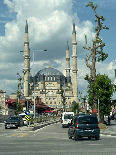 This detailed street-level image captures the Selimiye Mosque in Edirne Merkez, Turkey, under a partly cloudy sky. The central focus is the grandeur of the Selimiye Mosque, identifiable by its large central dome, surrounding smaller domes, and four tall, slender minarets, each topped with a dark, pointed spire and a golden crescent finial. The mosque's facade is constructed of light-colored stone, featuring multiple arched windows and intricate architectural details.

In the foreground, a paved two-lane road stretches away from the viewer. On the left lane, a dark grey Honda Civic, license plate "22 AET 687," proceeds forward. On the right lane, a dark teal Fiat Fiorino, license plate "22 ADK 755," also moves away; its rear bumper on the passenger side shows a visible dent. A white van with license plate "22 AAD 208" is partially visible behind the Fiat.

The road is bordered on the right by a sidewalk separated by a low, ornate golden-colored metal barrier. Various street fixtures are present, including a blue and white "keep right" arrow sign, a yellow and black striped hazard sign, and light poles with LED luminaires. A large, gnarled tree with sparse green leaves stands on the right side of the road, partially obscuring the mosque's minarets. Further along the sidewalk, several pedestrians are visible, one wearing a light blue top and dark pants.

To the left and right of the main road in the midground, other buildings with reddish-brown tiled roofs and some red awnings suggest commercial establishments or residential structures, leading up to the mosque complex. A stone wall structure is visible on the far left. The overall scene depicts a busy urban environment centered around a significant historical and religious landmark.