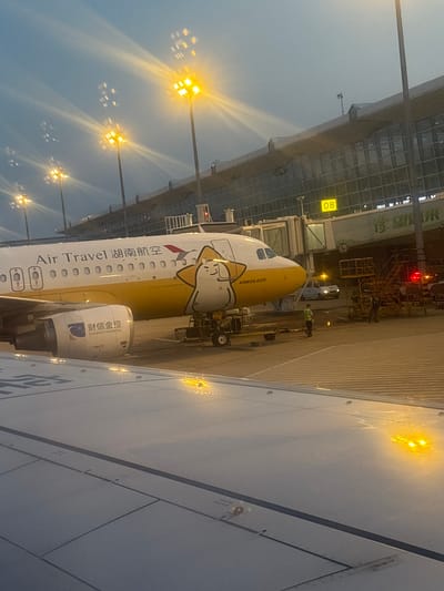 The image depicts an airplane at an airport gate. The airplane's livery is predominantly white and yellow, with a cartoon character adorning the tail. The text "Air Travel" and "湖南航空" are visible on the fuselage. The airplane is connected to the terminal via a jet bridge, labeled with the number "08". Several individuals are present on the tarmac, including airport personnel in high-visibility vests. Various airport vehicles and equipment, such as a baggage cart and stairs, are also visible. The airport terminal is a modern structure with a glass facade. The scene is illuminated by runway lights and the ambient light of dusk. The image is taken from the perspective of someone inside another airplane, looking out at the scene.
The provided context indicates the location is Xinwu District, China. Xinwu District is a district of Wuxi city in Jiangsu province. The airport in Xinwu District is Sunan Shuofang International Airport (WUX).