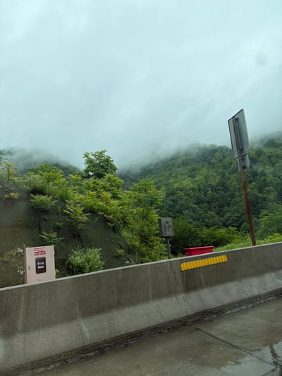 The image depicts a roadside scene in Grigalati, Georgia, on a cloudy day. The focus is on a concrete barrier running along the edge of a road or overpass. Attached to the barrier are various fixtures: a street light with a rectangular lamp head, a red emergency box with yellow reflectors, and a metal box labeled "Fire Hose" with a phone number (571 207 217). Beyond the barrier, a steep hillside covered in dense green foliage stretches into the background. Low-hanging clouds or fog obscure the upper reaches of the slope. The overall impression is one of a remote, mountainous area with basic infrastructure.