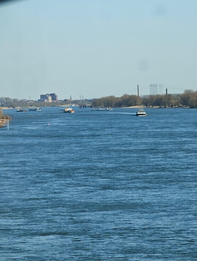 The image displays a wide river viewed under a clear, light blue sky, in the city of Andelst, Netherlands. The blue water, exhibiting a rippled surface, occupies the lower two-thirds of the frame. In the mid-ground, a white multi-deck passenger ferry moves from right to left. To its left, a cluster of barges is present, featuring at least one orange and white tugboat alongside darker cargo barges. Additional dark-hulled vessels are visible in the background. A red and white navigational buoy is situated in the mid-left portion of the river.
The far bank on the left side shows a large, dark-colored industrial building complex, a church spire, and power lines. The far bank on the right side is densely forested with leafless deciduous trees. Beyond these trees, two tall industrial chimneys and a prominent cluster of lattice-style electrical transmission towers are visible. No individuals are discernibly depicted on the vessels or along the banks.