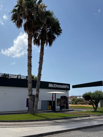 The image depicts an outdoor scene featuring a McDonald's restaurant. Two palm trees are prominent in the foreground, their fronds reaching towards a bright blue sky with scattered white clouds, suggesting a sunny day, likely daytime. The McDonald's building is white with dark green accents and signage. The iconic "McDonald's" logo in white letters on a dark background is clearly visible on the side of the building. The restaurant appears to be operational, with menu boards visible through the windows and a service area.
In the background, a tree with lush green foliage stands next to the McDonald's, and further behind, some buildings are visible, hinting at an urban or suburban setting. The ground area in front of the restaurant includes a well-maintained green lawn and a paved walkway with a distinctive patterned border. There are also some dark rectangular structures, possibly awnings or architectural elements. The overall impression is of a typical fast-food establishment on a pleasant day.
Visible text includes "McDonald's" on the prominent sign and smaller text on posters or signs near the entrance, such as "ORDINA QUI" (Order Here). The image appears to be taken from a slightly low angle, looking upwards towards the sky and the top portion of the McDonald's building and palm trees. The overall mood is neutral and observational. The location context provided is Carini, Italy, which aligns with the signage.
