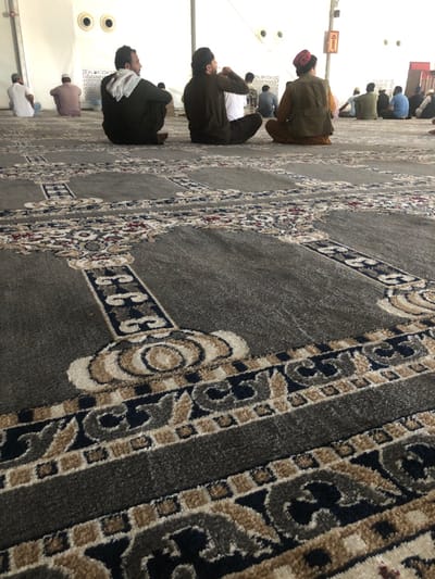 The scene depicts the interior of a communal building, likely a prayer hall or mosque, located in the city of النعيلة, Saudi Arabia. The foreground is dominated by a gray patterned carpet featuring intricate designs including prayer rug arches, floral motifs in shades of beige, dark blue, white, and subtle red accents. Approximately ten to twelve adult males are visible, seated cross-legged on the carpet, facing away from the camera towards a light-colored, plain wall.
In the mid-ground, three men are prominently featured. The man on the left wears a dark green thobe and a white head covering draped over his shoulder. The central figure wears a dark brown thobe and a white undershirt, partially visible. The man on the right wears light brown trousers, a light brown garment, and a dark green vest, topped with a red patterned kufi or cap.
The background shows additional men seated further back. The walls are white or off-white, with two circular fixtures (possibly vents or lights) visible on the left wall. A dark rectangular object, possibly a speaker or sign with Arabic script, is mounted on the right wall section. The overall lighting is bright and even, indicating either natural light or well-distributed artificial illumination. No direct interactions between individuals are discernible.