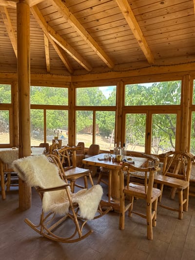 The image depicts the interior of a rustic wooden cabin, likely located in a rural area around Gornje Mrke, Montenegro. The cabin's walls and ceiling are constructed of light-colored wood, creating a warm, natural ambiance. Large windows provide an expansive view of the outside, revealing lush green trees and a glimpse of the landscape.

A wooden table is centrally positioned, surrounded by unique, handcrafted wooden chairs, some adorned with white fur seat covers. The table appears to be set, with bottles, glasses, and other items suggesting a recent or upcoming meal. The overall impression is one of a comfortable, secluded retreat, blending natural materials with an appreciation for the surrounding environment.