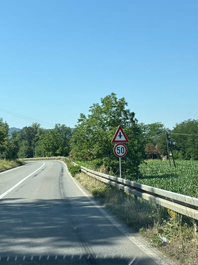 This is a low-angle, forward-facing, vertical, outdoor, daytime photograph of a paved, two-lane road in Mali Zvornik Municipality, Serbia. The road curves to the left and is bordered by a guardrail on the right and a grassy embankment with trees on the left. In the foreground, the road surface shows tire marks and shadows from overhead foliage. On the right side of the road, there are two signs. The upper sign is a red and white triangular warning sign with a black symbol depicting an intersection with a priority road. The lower sign is a circular white sign with a red border, indicating a speed limit of 50. Beyond the road and guardrail, a field of green crops, likely corn, stretches into the distance, interspersed with trees and a utility pole. The sky is clear and blue. There are no people visible in the image.