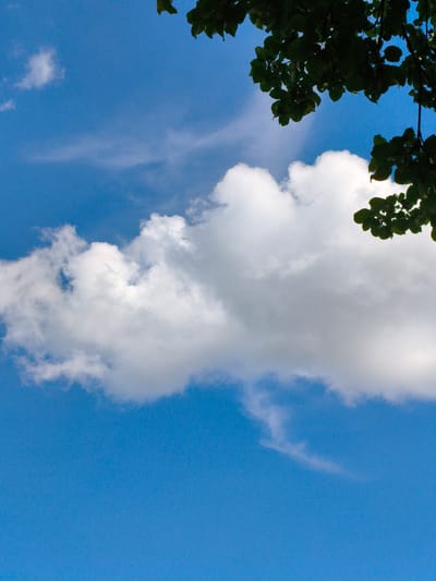 The image shows a bright blue sky with scattered white clouds. In the upper right corner, dark green leaves and branches of a tree are visible, suggesting an outdoor scene. The lighting indicates it is daytime, likely a sunny afternoon given the clear sky and the way the clouds are illuminated. There is no text visible in the image. The overall mood is peaceful and serene, with the natural elements of sky, clouds, and foliage creating a classic outdoor landscape. The location context of Мунайка, Russia, would place this scene in a potentially rural or natural setting within that region.