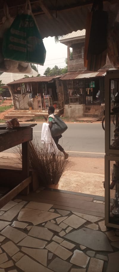 This image depicts a street scene in Umuoji, Nigeria, observed from within a building. The foreground features an indoor space with a floor composed of irregularly shaped light-colored flagstones set in dark grout. A wooden table with a light-colored, wrapped object is on the left, and a bundle of dried reeds stands vertically below it. Overhead, wooden beams and a green reusable bag are visible, along with other hanging items.
In the midground, a paved road stretches horizontally. A person, dressed in a light-colored shirt, dark trousers, and light footwear, walks rightward on the dirt shoulder adjacent to the road. This individual carries a large dark sack over their right shoulder, a white garment draped over their left shoulder, and holds a small dark object in their right hand.
The background reveals a row of single-story commercial structures lining the opposite side of the road. These buildings feature corrugated metal roofs and display various goods, indicative of market stalls or shops. A two-story building with a balcony is partially visible above and behind these shops on the right. Sparse vegetation and an overcast sky complete the distant view.