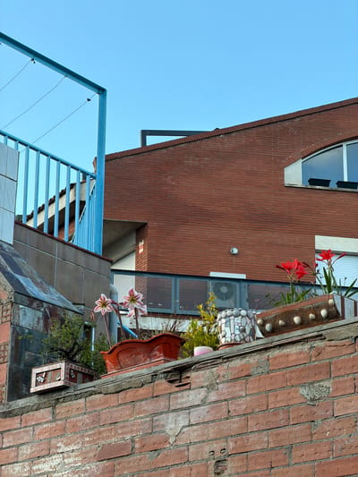 The image shows an exterior view in Rubí, Spain. A modern brick building with a window contrasts with an older, textured brick wall to its right. A blue metal balcony railing is visible in the lower-left corner, partially obscuring the sky. Plants and decorative objects, including a planter and a mosaic-covered object, are situated on the older brick wall. The overall perspective is tilted.
