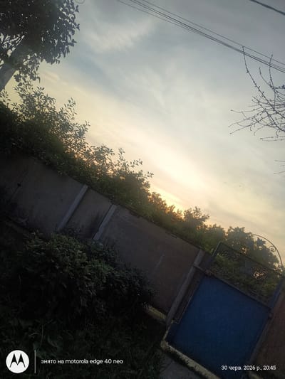 This is a photograph taken in Melnytsia-Podilska, Ukraine. The image captures an outdoor scene, oriented at a tilt. The sky dominates the upper portion of the frame, with the sun setting or rising, casting a warm, golden light that illuminates soft clouds. In the foreground, silhouettes of tree branches and foliage are visible against the bright sky. Below the sky, a weathered concrete wall runs diagonally across the image, with lush green bushes and trees growing along its top edge. To the right, a dark blue metal gate with decorative scrollwork is set into the wall.
The time stamp on the image indicates it was taken on June 30, 2026, at 20:45, suggesting it is late evening. The lighting suggests either a sunset or possibly a very bright sunrise given the warm hues. The scene appears to be a residential or private property, possibly a garden or backyard, given the presence of a gate and wall. There are no people visible in the frame. The overall mood is serene, with the soft light creating a tranquil atmosphere. Text overlaid on the image indicates it was "снято на motorola edge 40 neo" (shot on motorola edge 40 neo) and the date and time.