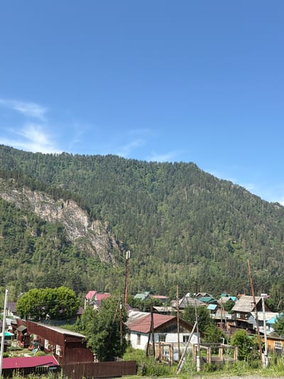 The image depicts a view of the village of Cheposh, Russia, nestled at the base of a densely forested mountain. The sky is a clear, bright blue with sparse, wispy white clouds. The mountain dominates the upper half of the frame, its steep slopes covered in a thick carpet of dark green coniferous trees. A prominent rocky cliff face is visible on the left side of the mountain.
In the lower portion of the image, a cluster of houses forms the village. The houses are varied in style and color, with many featuring red or blue roofs. Some appear to be older wooden structures, while others are more modern. Fences and trees are interspersed among the buildings. A tall, red-and-white cell tower stands prominently in the middle ground, with power lines and wooden poles visible throughout the village area. Green grass and vegetation grow in the foreground, indicating a rural or semi-rural setting. The overall scene conveys a sense of a tranquil, mountainous village under a clear sky.