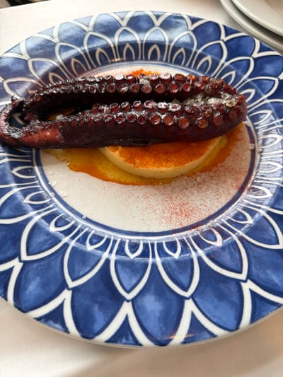 A close-up, overhead view displays a prepared dish within a dining establishment in Colunga, Spain. The central subject is a single, dark reddish-brown octopus tentacle, visibly cooked and featuring distinct suckers, arranged in a curved formation. It rests upon a light yellow purée base. The dish is garnished with a scattered reddish-orange powder, coarse white crystalline salt, and pooled golden-yellow oil. The serving vessel is a round ceramic plate with a white interior and a blue and white patterned rim, characterized by stylized interlocking arc motifs. The plate is positioned on a light-colored textile surface. Partially visible, out-of-focus white dishes are present in the upper-right background. No individuals are depicted.