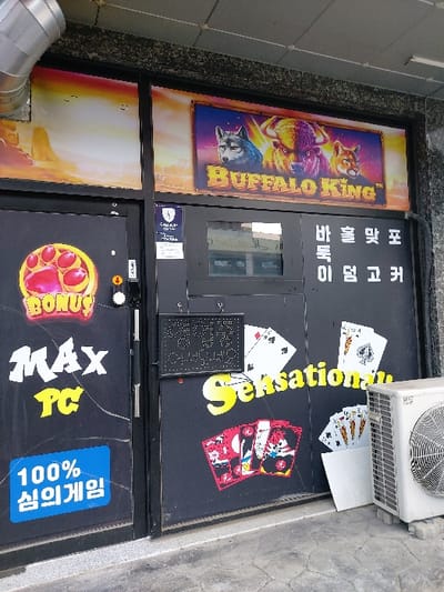 The image depicts the exterior of a commercial storefront in Gimpo-si, South Korea. The dark-colored facade is adorned with various graphics and text, indicating an entertainment or gaming establishment.

At the top, a large banner displays "BUFFALO KING" in gold lettering, positioned below vivid images of a gray wolf, a yellow buffalo, and a brown cougar against a stylized purple and orange sky. To the immediate left of this banner, desert-like artwork extends across the upper section of the storefront. A silver metal ventilation pipe is prominently visible in the upper left corner.

The two main doors below are dark. The left door features "BONUS" in red and yellow lettering, a large yellow paw print graphic, and "MAX PC" in yellow. A blue rectangular sign on this door reads "100% 심의게임" (100% recreational game) in white Korean text.

The right door or window section showcases "Sensational" in yellow script, along with several graphics of playing cards, including various poker hands and aces of spades. A small, black LED sign, illuminated with white dots, displays "영업중" (Open for Business) in Korean. Additional Korean text, "바둑 맞포 이 엄 고커," is present above this section. A small security emblem is affixed near the top center of the door frame.

An external white air conditioning condenser unit is positioned on the concrete pavement to the far right of the scene. The ground is a textured concrete surface. No individuals are present in the image.