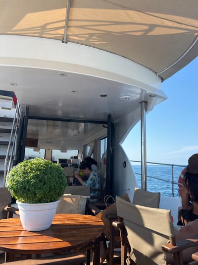 The image depicts a scene on the deck of a yacht, likely docked or cruising in the Aegean Sea, near the island of Skopelos, Greece. In the foreground, a round wooden table is set with a white pot containing a lush green plant. Behind the table, several empty chairs with beige fabric are arranged.
The yacht's structure is prominent, with a light-colored awning casting shadows over the deck. A metal railing runs along the edge of the deck, with the blue sea visible beyond. In the mid-ground, an open doorway leads into the yacht's interior, where several people are seated. One person is at the helm of the boat, with a steering wheel and various controls visible.
To the right, a woman wearing a hat is partially visible, facing away from the camera. A life preserver is hanging on the railing. The overall ambiance suggests a leisure activity on a sunny day.