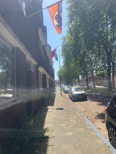 The image shows a street scene in Venlo, Netherlands. A brick building is on the left, with windows reflecting trees and the sky. Two flags are displayed on the building: a large orange flag with a white crest and a smaller Dutch flag. A bicycle is parked on the sidewalk next to the building. The sidewalk leads to a street lined with trees, where several cars are parked and driving. A black car is visible in the foreground on the right. The sky is blue and clear, indicating a sunny day.