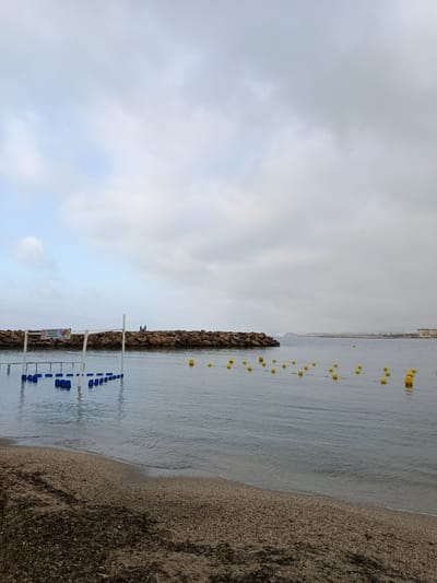 The image presents a serene coastal scene in Águilas, Spain, under an overcast sky. In the foreground, a narrow strip of pebbled and sandy beach is visible, densely covered with dark seaweed. The calm, grey-blue water gently laps at the shore.
To the left, a structure composed of white posts and several blue cylindrical buoys forms a partial enclosure or lane in the water, close to the beach. Further out in the water, a scattering of yellow spherical buoys marks an area or pathway, creating a visual pattern across the surface.
A rocky breakwater or jetty extends from the left side of the frame into the middle distance, separating the inner bay from the open sea. On top of this breakwater, two or three small, dark figures, presumably people, are standing, seemingly observing the surroundings. Attached to the breakwater on the left, a white banner is visible, displaying the Spanish text "ZONA DE BAÑO PARA PERSONAS CON MOVILIDAD REDUCIDA," which translates to "BATHING AREA FOR PEOPLE WITH REDUCED MOBILITY."
In the background, the distant coastline of Águilas is faintly visible, featuring buildings and hills under the diffused light. The sky is largely covered with grey clouds, though patches of lighter blue sky are discernible, suggesting an overcast day, possibly in the morning or late afternoon. The overall atmosphere of the scene is tranquil and quiet, with no apparent activity or event in progress beyond the subtle presence of the figures on the rocks.