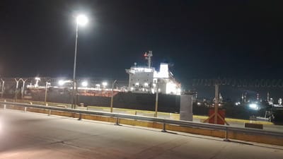 The image depicts a nighttime scene at a port, likely in Dock Sud, Argentina, based on the provided location context. A large cargo ship, illuminated by numerous lights, is docked. The ship has a white superstructure with multiple decks and a tall mast. Its hull appears dark.
In the foreground, a paved area is visible, suggesting a road or walkway. A yellow barrier with metal posts runs along the edge of this area, separating it from a fenced-off section. The fence is topped with barbed wire, indicating security measures. Beyond the fence, the cargo ship is prominently displayed.
The background reveals a sprawling industrial complex with many tall structures, likely part of a refinery or similar facility. These structures are dotted with lights, creating a glow against the dark night sky. The sky itself is clear, with no visible clouds.
The lighting is artificial, with a bright streetlamp on the left casting a strong light. The overall mood is one of industrial activity continuing into the night. No people are clearly visible in the frame, but the presence of the ship and the industrial complex suggests ongoing operations. The time of day is clearly night. There is no discernible text within the image.