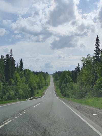 A long, straight asphalt road stretches into the distance, flanked by green forests on either side, under a cloudy sky. The road has white lane markings. The location is Gremyachinsk, Russia. There are no people visible.