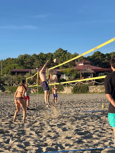In Pistula, Montenegro, on a sandy beach, four individuals are playing beach volleyball. A man in blue shorts is mid-air, attempting to spike the ball over the net. A woman in a brown bikini is facing away from the camera, positioned on the left side of the court. Two other men are also on the court, one near the net and another further back. The game is taking place on a sunny day with a clear blue sky. Behind the volleyball court, there is a building with a reddish-brown roof and a thatched canopy, surrounded by green trees. A volleyball net with yellow tape runs across the middle of the court. The sand is textured with footprints and shadows from the sunlight.