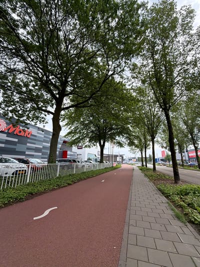 The image shows a paved bicycle path with a red surface and a white serpentine marking, adjacent to a sidewalk made of grey pavers. A white metal fence separates the bike path from a parking lot where several cars are parked in front of a modern building with a grey, red, and white facade. The building has a large red logo that reads "Märkt". A row of trees with green foliage lines the sidewalk and the road, casting shadows. The sky is overcast. The scene is located in Son en Breugel, Netherlands, specifically in front of the Märkt store.