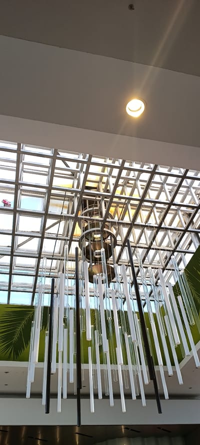 The image shows a view looking upwards at the ceiling of an indoor space. A large, grid-like structure, possibly a skylight frame, is visible, with sections of it appearing to be glass. Hanging from this structure is a modern chandelier composed of numerous thin, cylindrical elements of varying lengths. These elements are predominantly clear or white, with a few dark, thicker rods interspersed among them. In the background, a green decorative panel with a palm leaf pattern is visible on the wall. A single, circular light fixture is illuminated in the ceiling. The scene is devoid of any people or discernible action. The location of this scene is not specified in the image.