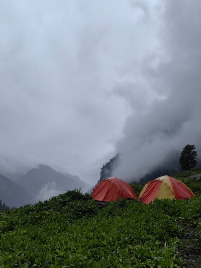 This image captures a scenic view of two camping tents pitched on a lush green hillside in Dhundi, India. The tents, one predominantly orange and the other a blend of yellow and orange, are set against a backdrop of dramatic, cloudy skies and mist-shrouded mountains. The foreground is dominated by dense, vibrant green foliage, suggesting a healthy, possibly cultivated, area.

The weather appears overcast and possibly damp, with the clouds creating a soft, diffused light and partially obscuring the distant mountain peaks. The atmosphere is serene and slightly dramatic due to the weather conditions. The presence of the tents indicates an outdoor camping activity, likely a temporary encampment for hikers or trekkers exploring the mountainous terrain. The location cues point to a high-altitude natural environment, characteristic of regions like Dhundi in India, known for its trekking routes and scenic beauty. There are no visible people or text in the image. The overall impression is one of peaceful solitude in a beautiful, natural setting.