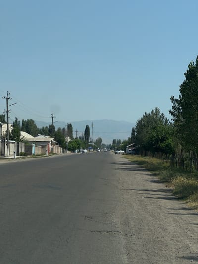 The image shows a straight, paved road in Karamanas, Uzbekistan, under a clear blue sky. The road appears to be a main thoroughfare, with a dirt shoulder on the right side. On the left side of the road, there are houses with fences and trees lining the street. Power lines are visible overhead, supported by utility poles. A few cars are present on the road, suggesting normal traffic flow. In the distance, mountains are faintly visible. The overall scene depicts a typical day in a semi-urban or suburban area of Karamanas.