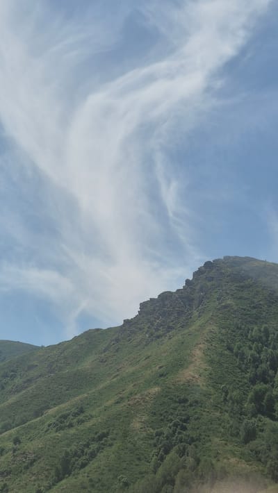 The image depicts a sunlit, mountainous landscape under a bright blue sky with wispy white clouds. A steep, green mountainside dominates the lower half of the frame, covered in dense vegetation and scattered trees. The peak of the mountain features a jagged, rocky ridge. The scene is devoid of any human presence or visible structures. The location is identified as being in Aleksandrovka, Kazakhstan.