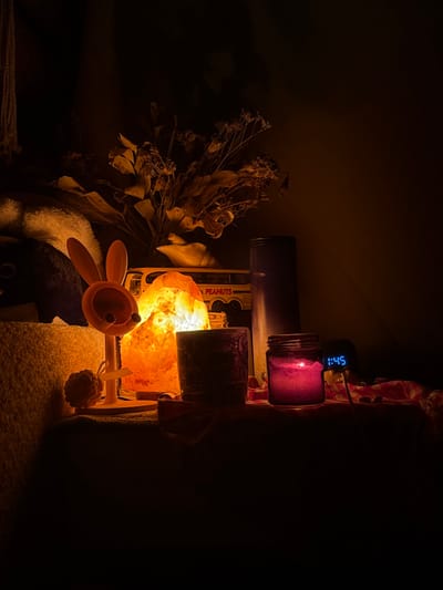 The image captures a dimly lit, intimate scene featuring an assortment of objects, likely set in a personal space such as a bedroom, during the late hours of the night. The dominant light sources are warm and soft, creating a cozy atmosphere.
On the left side of the frame, a bouquet of dried flowers or foliage, colored in various shades of brown and beige, stands prominently. Below these flowers, a light-colored, fluffy texture is visible, possibly a blanket or a stuffed animal. Resting on this texture is a small, orange-pink object resembling a bunny, with a textured, circular face that suggests it might be a toy or a decorative item.
In the center, a bright, glowing Himalayan salt lamp illuminates the immediate surroundings with a warm, orange-yellow light, highlighting its rough, crystalline surface. Behind the salt lamp, a rectangular item with the word "PEANUTS" printed in red on a yellow background is visible, suggesting a package or a box. A tall, dark, cylindrical container stands behind the salt lamp and the "Peanuts" item. To the right of the salt lamp, a dark glass container with an intricate, subtle pattern catches some of the ambient light.
On the right side, a glass jar holds a lit candle, which emits a soft, purple-pink glow. The candle's flame is clearly visible. Above this candle, a small, black digital alarm clock displays the time "1:45" in bright blue digits. A thin cable is connected to the clock, possibly for charging. Below the candle, a small, textured, yellowish, spherical object, resembling a mini loofah or a decorative bauble, hangs down.
The surface upon which these items rest appears to be a light-colored, textured fabric, possibly a carpet, rug, or a thick blanket. The background of the image is largely dark and indistinct, emphasizing the illuminated objects and reinforcing the late-night setting indicated by the digital clock. The overall impression is one of quietude and warmth.