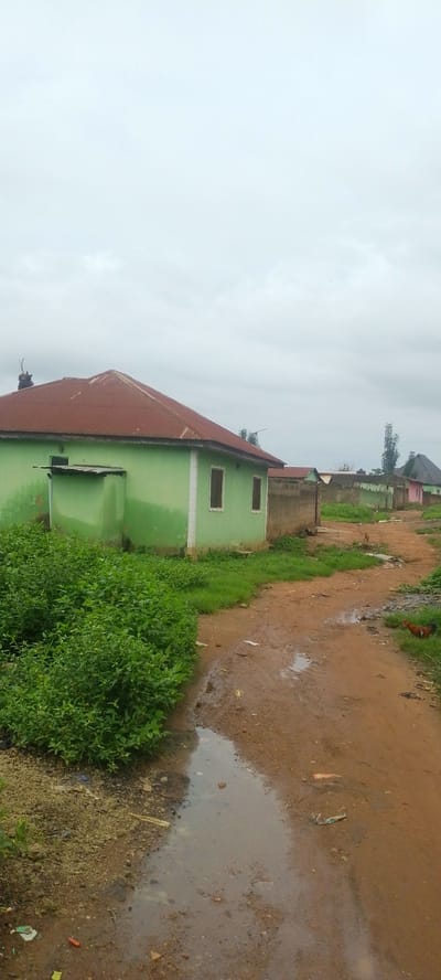 The image depicts a scene in Baissa, Nigeria, under an overcast sky. A green, single-story building with a rusty red corrugated metal roof is visible on the left, fronted by lush green vegetation. Adjacent to the building is a dirt road with puddles, indicating recent rain. The road leads past a series of other buildings and low walls, with a chicken visible on the right side of the road, foraging near a fence. The overall environment appears to be a residential area with a rural or semi-urban character, characterized by unpaved roads and simple structures.