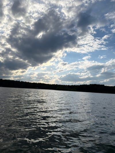 The image presents a view split between the sky and water, divided by a line of trees. The sky displays varied cloud formations ranging from dark, dense clouds on the left to lighter, fragmented clouds revealing the sun on the right. Sunlight filters through the clouds, creating contrasting light and shadow patterns. The water surface reflects the sunlight in shimmering patterns, with small ripples visible across the surface. The treeline appears dark and dense, separating the sky and water. It is difficult to verify if the image is located in Selychka, Russia.