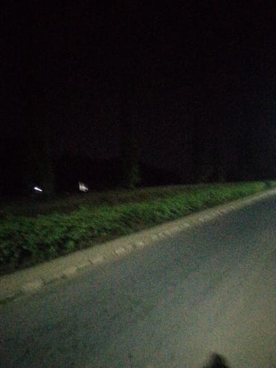 A dimly lit scene at night reveals a road with a concrete curb along its edge. Beyond the curb, a stretch of dark green vegetation suggests a field or roadside growth. The background is shrouded in darkness, making it difficult to discern any specific shapes or objects, though there appear to be some faint lights in the distance. The overall impression is one of rural or suburban darkness. The picture's grainy texture and limited illumination contribute to the scene's mysterious quality.