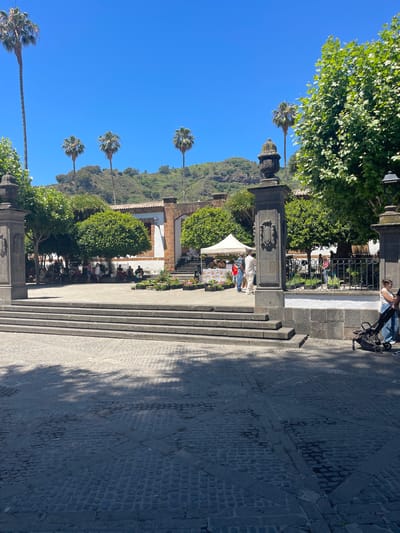 The image captures a sunny day in Teror, Spain, specifically showing a view of the Plaza de Nuestra Señora del Pino. In the foreground, a cobblestone plaza is partially shaded by trees. Large stone steps lead up to a raised area where several people are gathered.
To the right, a woman with dark hair wearing a white tank top and blue jeans pushes a stroller. A man in a light-colored suit stands near a stall displaying plants and flowers, which is covered by a white tent. Behind this stall, more people are visible browsing or socializing. Several palm trees are scattered throughout the scene, with a prominent tall palm tree on the far left. In the background, a hill with lush green vegetation rises under a clear blue sky. The architecture visible includes a building with white walls and a red-tiled roof, framed by stone arches. Two large, ornate stone pillars with decorative urns stand on either side of the entrance to the raised plaza.