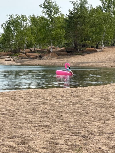 An overcast day at a sandy beach next to a body of water. A pink inflatable flamingo float is in the water. A person wearing a blue hat is seated on the float. The background consists of a sandy shore with rocks and trees. The city of Ayyrtau is not depicted in the image.