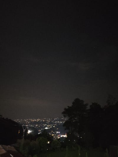 This nighttime photograph, taken in Staufenberg, Germany, captures an elevated view of an urban area under a dark, mostly overcast sky. The upper two-thirds of the frame are dominated by the dark sky, exhibiting faint cloud cover and a single, small, distant light source in the upper right quadrant. The mid-ground reveals a sprawling cityscape characterized by numerous scattered points of light, indicating buildings, streets, and other artificial illumination across varying elevations. The lower foreground and right side are occupied by dark, indistinct silhouettes of trees and dense vegetation. A prominent street lamp with a bright white light is visible in the lower-left-mid ground, its pole appearing as a dark vertical line. A dark, angular structure, possibly a roofline or part of a building, is partially visible in the extreme lower-left corner beneath the foreground vegetation. No individuals are visible within the frame.
